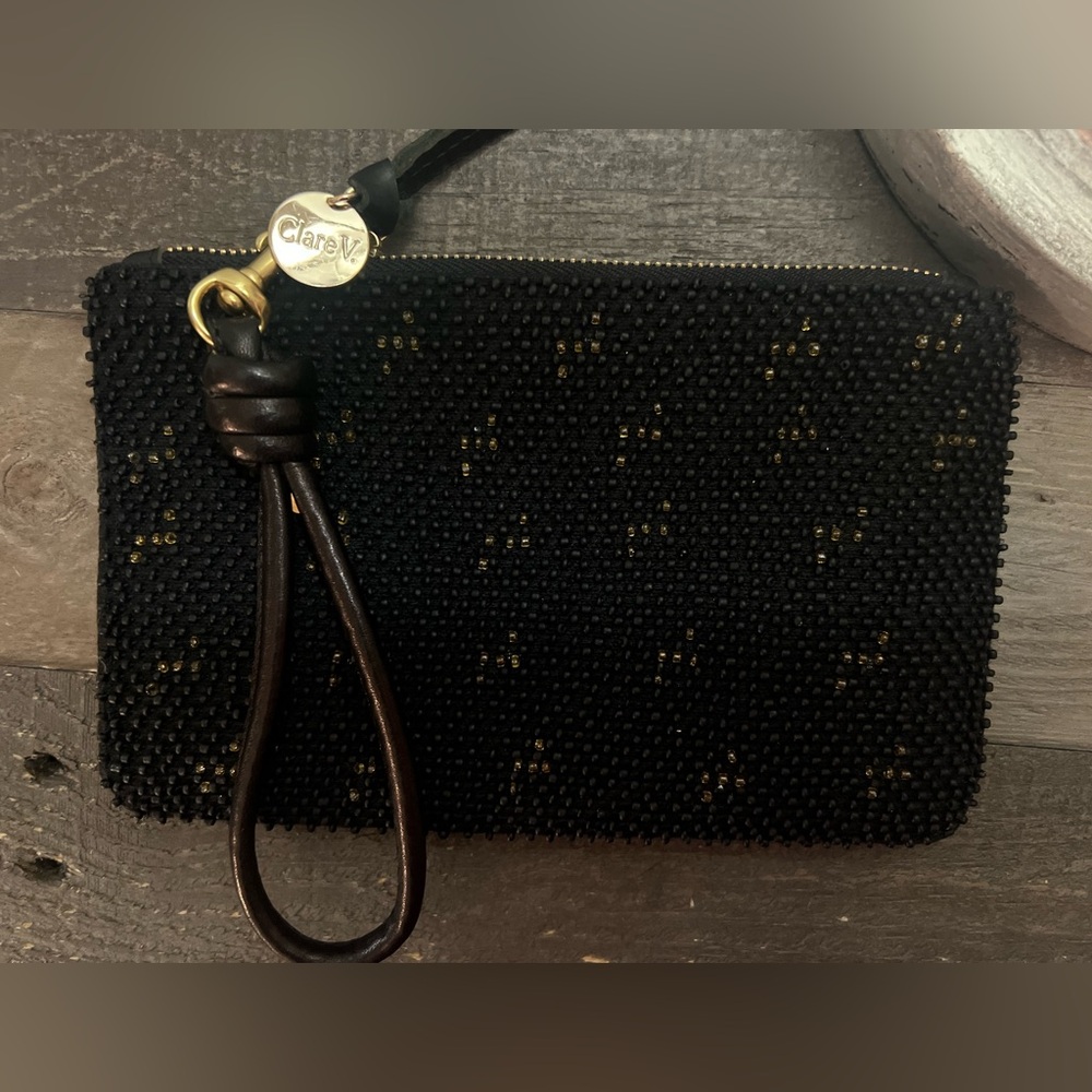 Clare V Black and Gold Beaded Wristlet